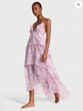 Victoria’s Secret Floral Maxi Dress M Pink Tiered Chiffon Boho Strappy